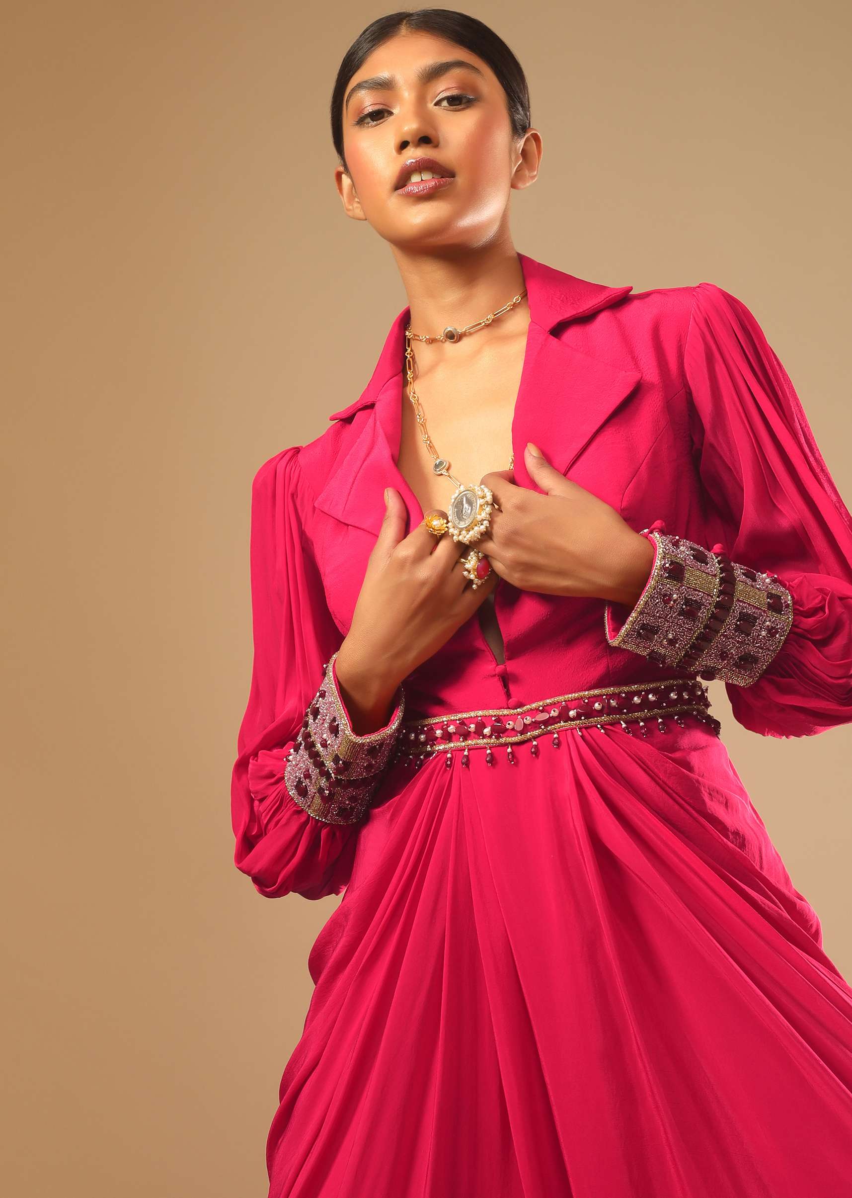 8756-hot-pink-dress-with-a-chunky-embroidered-bishop-sleeves-and-collar-neckline-5.jpg Hot Pink Dress With A Chunky Embroidered Bishop Sleeves And Collar Neckline