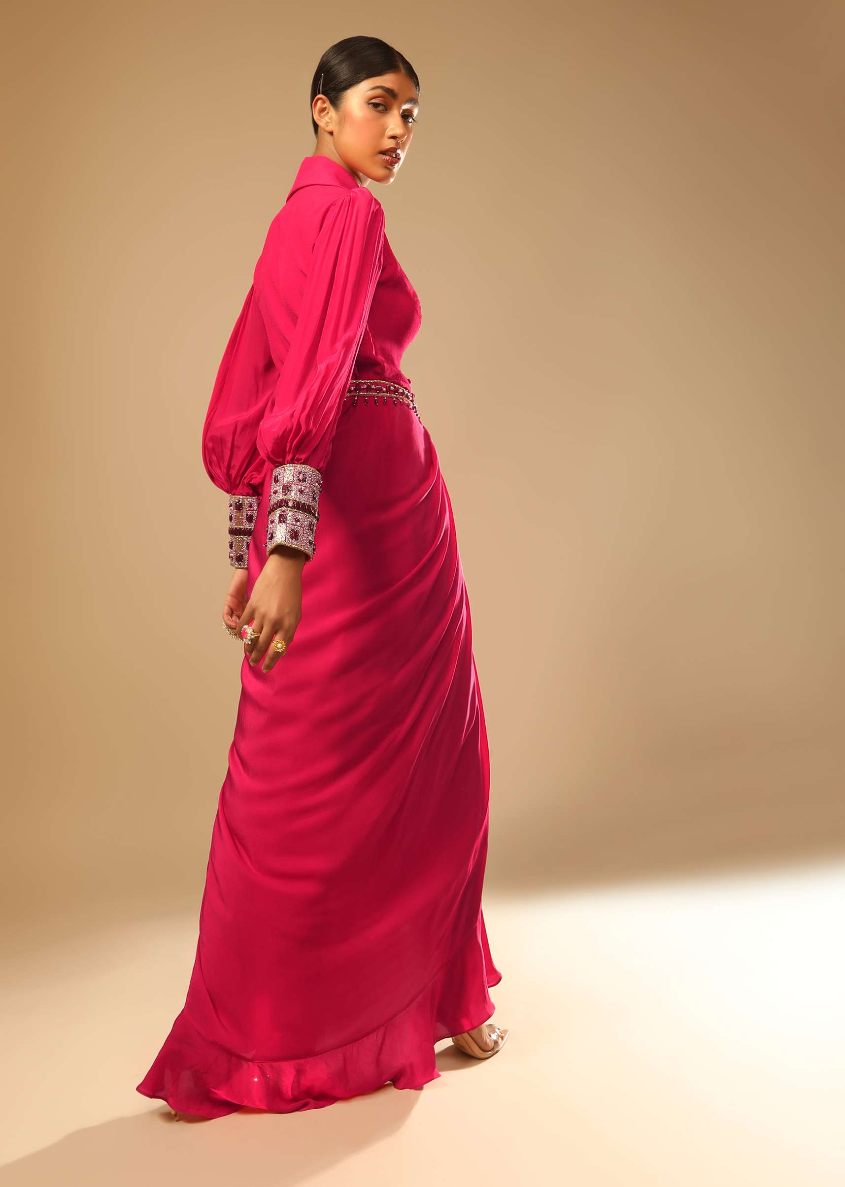 8756-hot-pink-dress-with-a-chunky-embroidered-bishop-sleeves-and-collar-neckline-6.jpg Hot Pink Dress With A Chunky Embroidered Bishop Sleeves And Collar Neckline