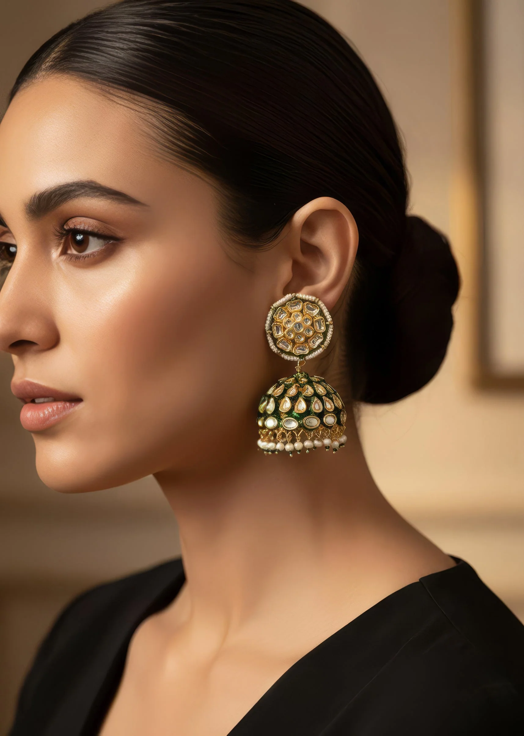 Gold Plated Black Kundan Polki Earrings