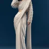 Silver Ready Pleated Indo Western Saree With Pearl And Cut Dana Embellished Full Sleeve Blouse