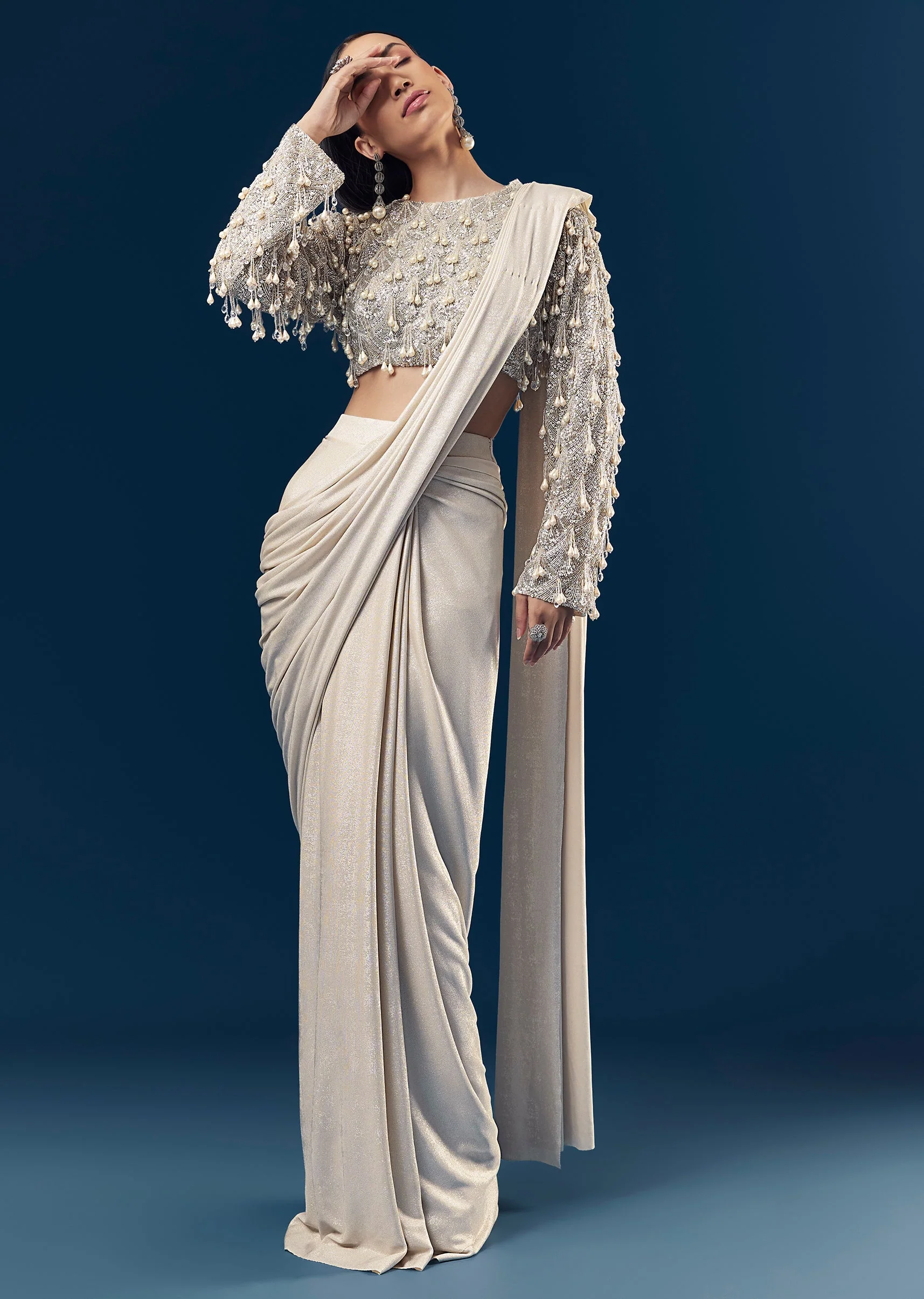 Silver Ready Pleated Indo Western Saree With Pearl And Cut Dana Embellished Full Sleeve Blouse