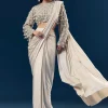 Silver Ready Pleated Indo Western Saree With Pearl And Cut Dana Embellished Full Sleeve Blouse