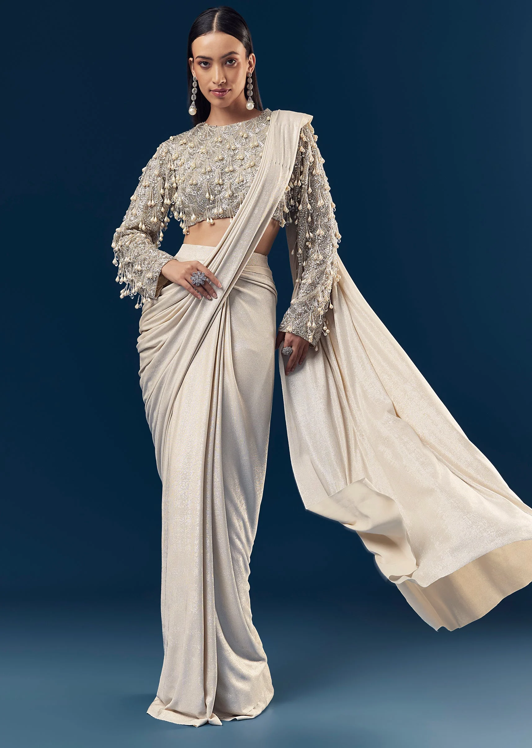 Silver Ready Pleated Indo Western Saree With Pearl And Cut Dana Embellished Full Sleeve Blouse