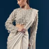 Silver Ready Pleated Indo Western Saree With Pearl And Cut Dana Embellished Full Sleeve Blouse