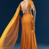 Orange Georgette Fish Cut Ready Pleated Indo Western Saree With Embroidered Blouse And Cut Dana Sequin And Pearl Detailing