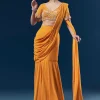 Orange Georgette Fish Cut Ready Pleated Indo Western Saree With Embroidered Blouse And Cut Dana Sequin And Pearl Detailing