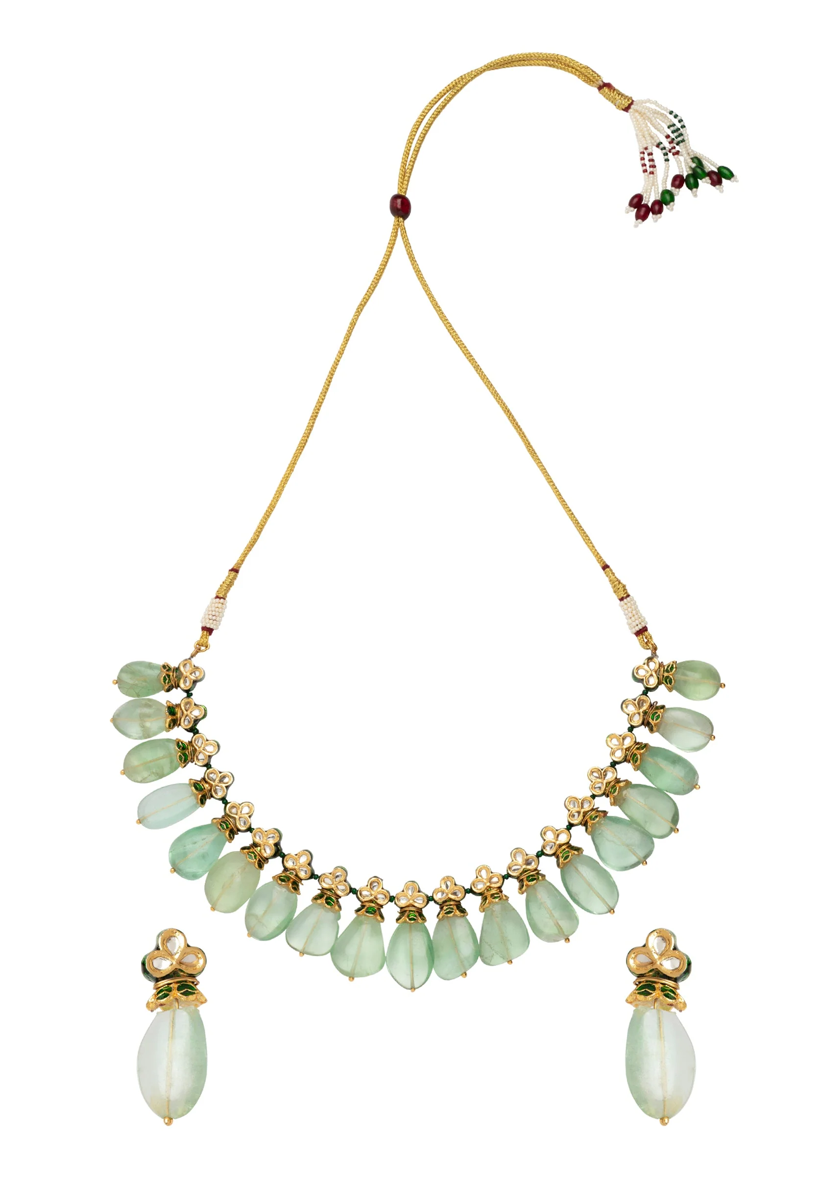 Gold Plated Green Kundan Polki Necklace Set With Earrings