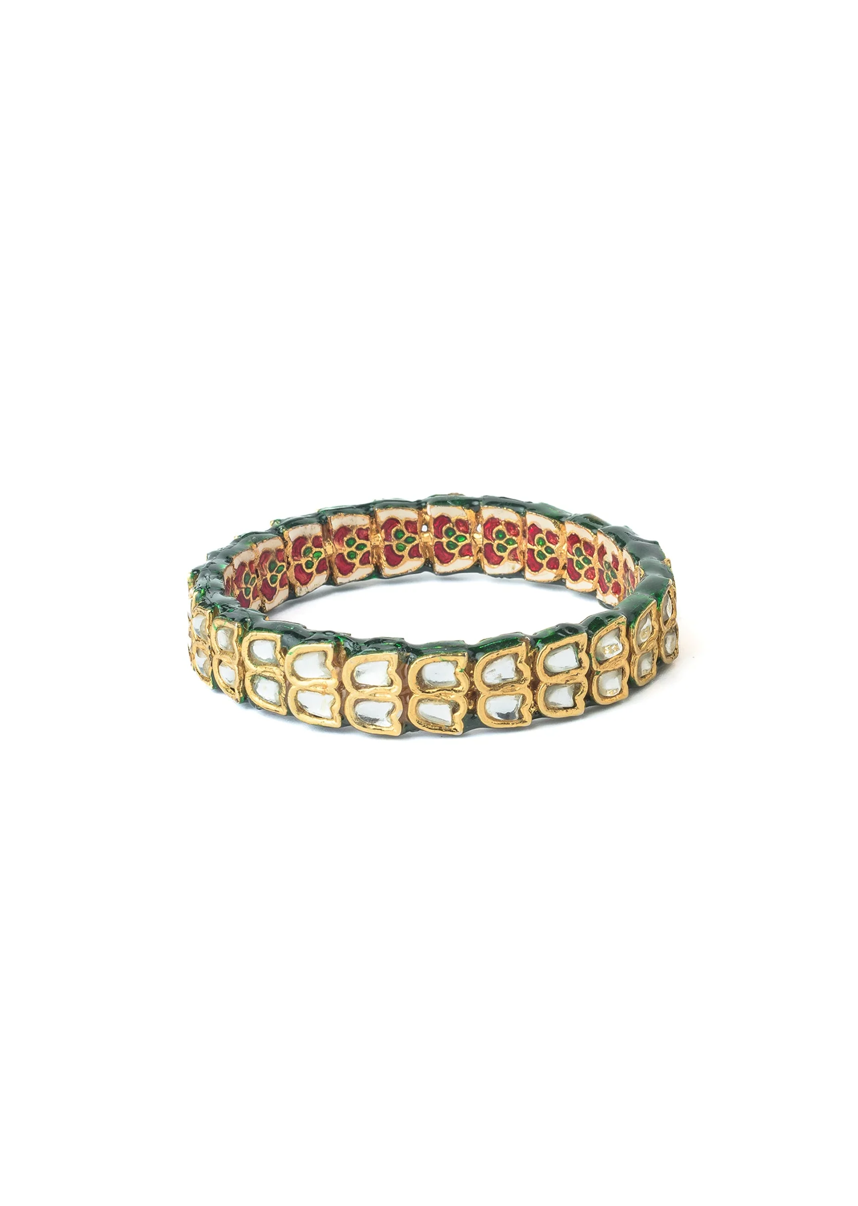 Gold Plated Bangles With Teardrop White Stones And Green Enamel
