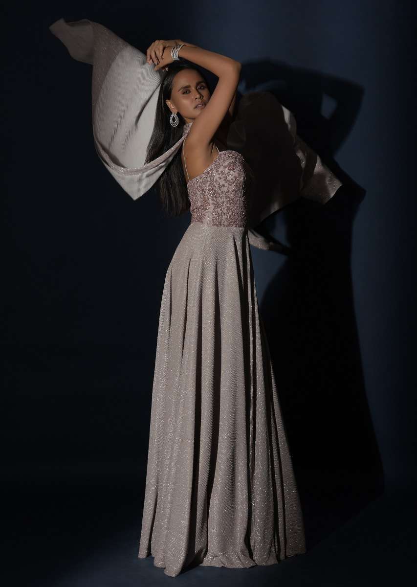 Champagne Gown With Embellished Sweetheart Cut Bodice And Spaghetti Straps Online - Kalki Fashion