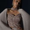 Champagne Gown With Embellished Sweetheart Cut Bodice And Spaghetti Straps Online - Kalki Fashion