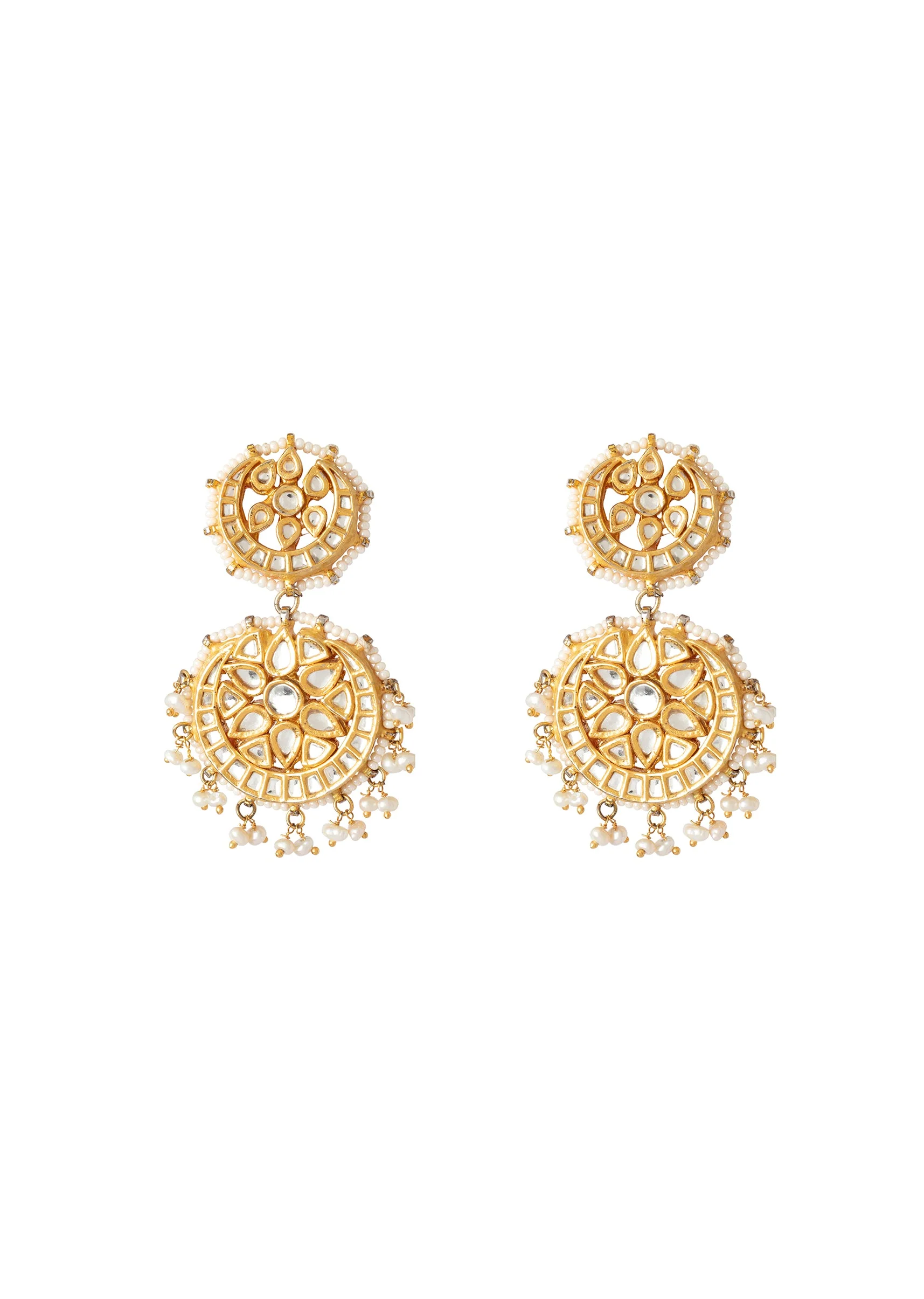 Gold Plated White Kundan Polki Double Drop Earrings