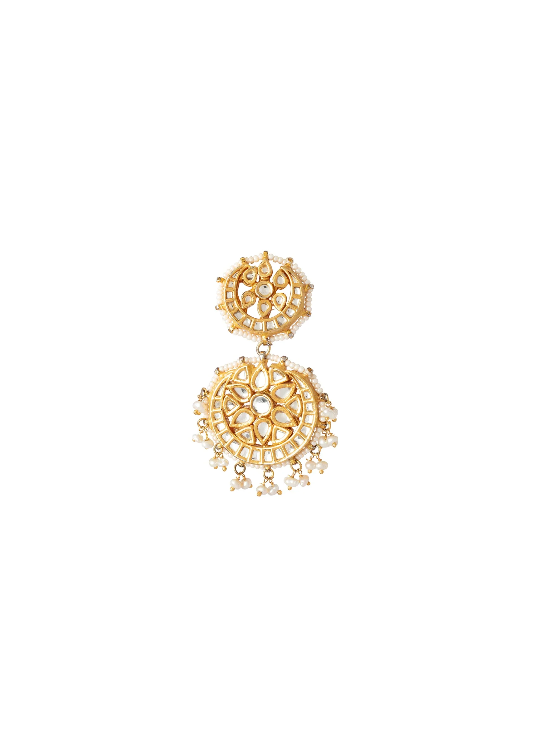 Gold Plated White Kundan Polki Double Drop Earrings