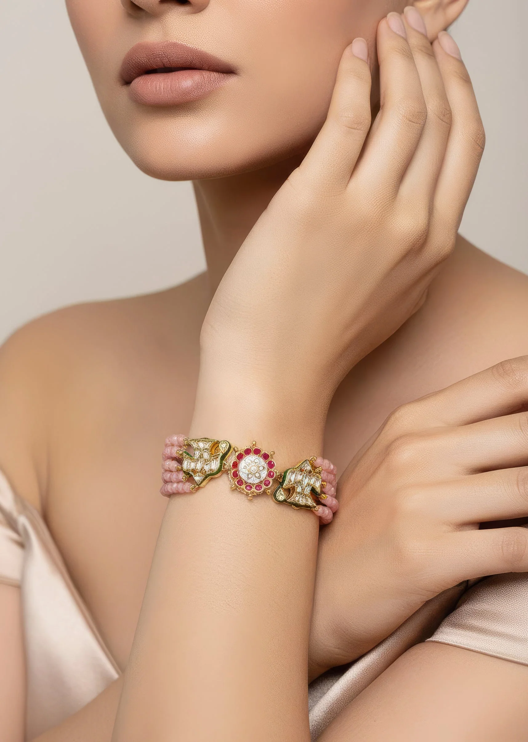 Gold Plated Pink Beaded Bracelet