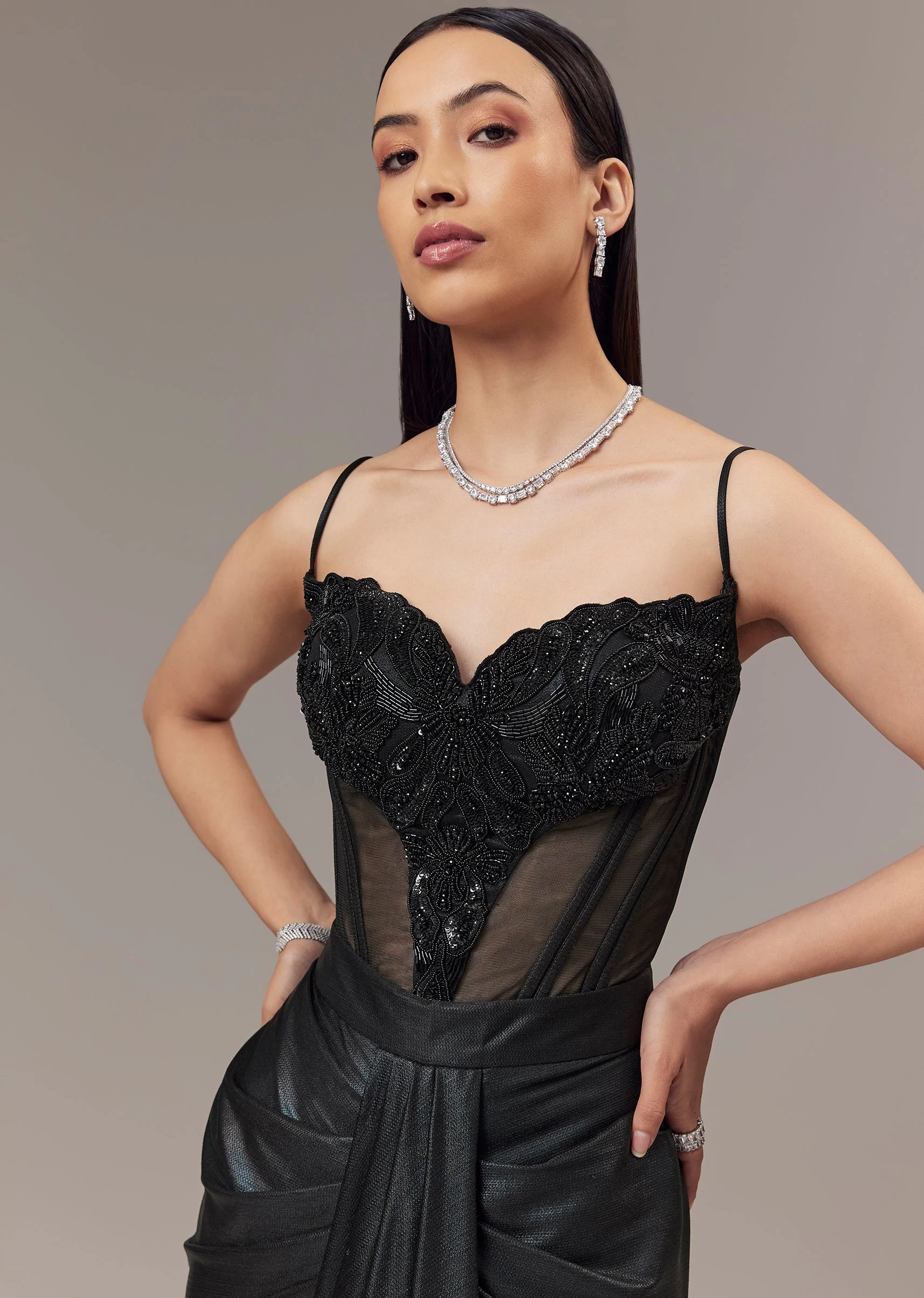 Black Contemporary Sleeveless Corset And Drape Skirt With Embroidery And Cut Dana Detail Work