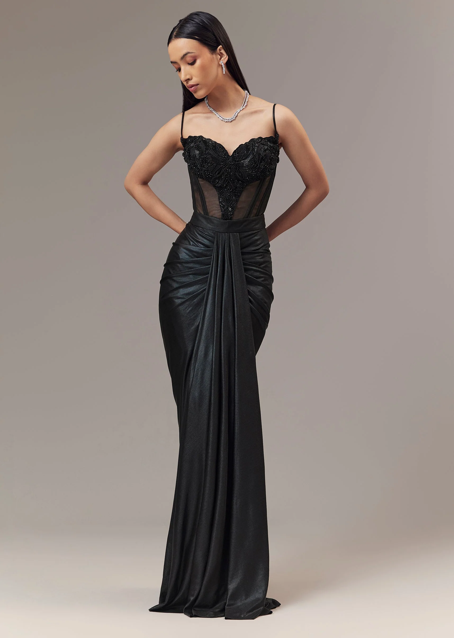 Black Contemporary Sleeveless Corset And Drape Skirt With Embroidery And Cut Dana Detail Work