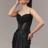 Black Contemporary Sleeveless Corset And Drape Skirt With Embroidery And Cut Dana Detail Work