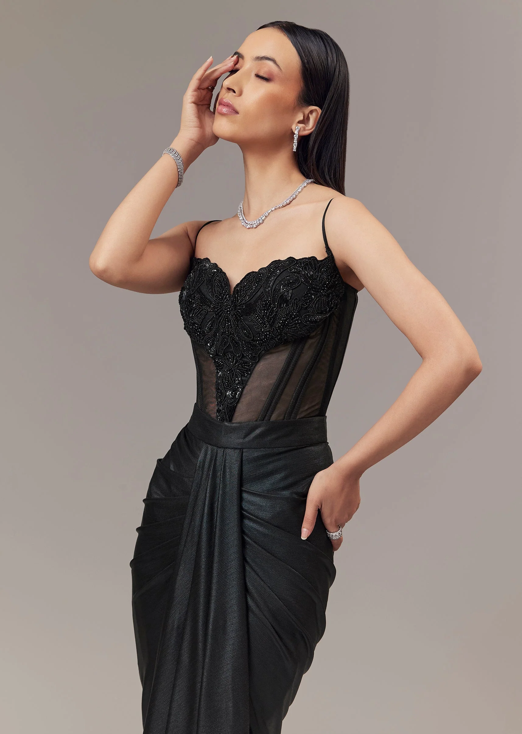 Black Contemporary Sleeveless Corset And Drape Skirt With Embroidery And Cut Dana Detail Work