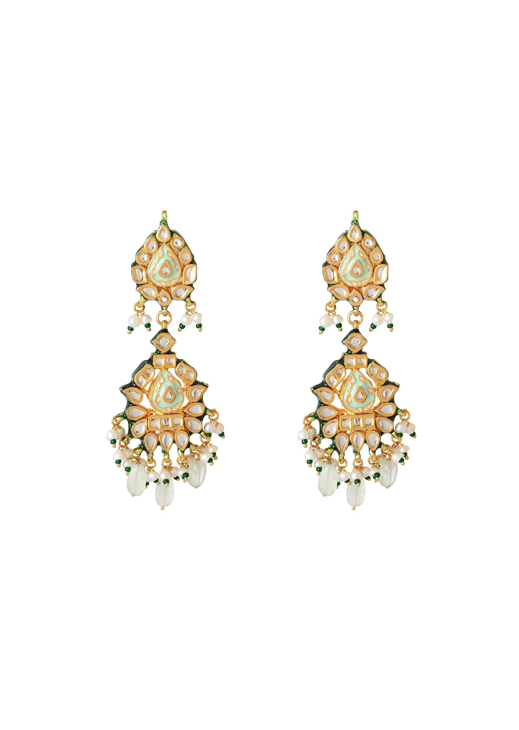 Gold Plated Green Kundan Teardrop Motif Earrings
