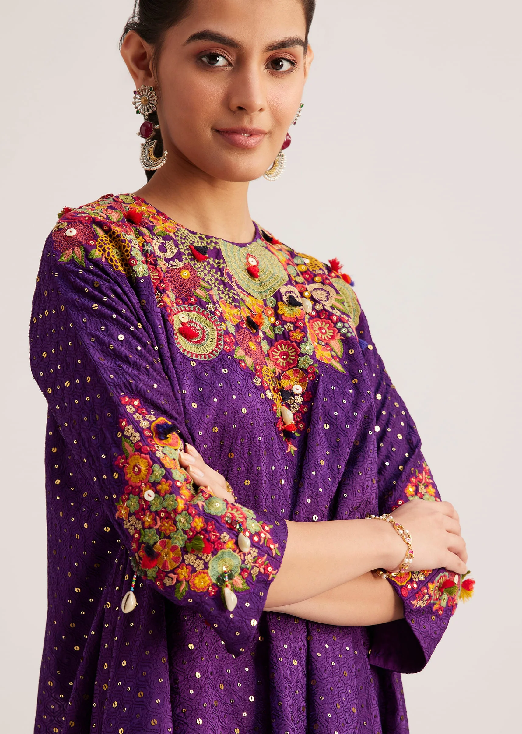 Purple Silk Kurta Dhoti Set With Resham Embroidery And Tassel Details