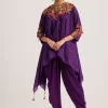 Purple Silk Kurta Dhoti Set With Resham Embroidery And Tassel Details