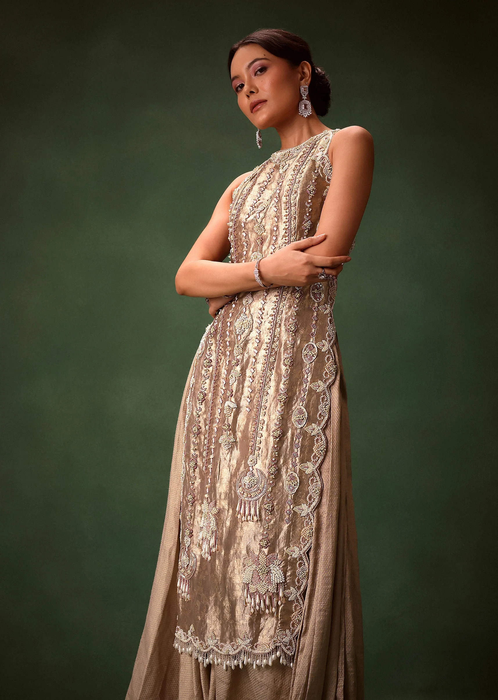 Mauve Dhoti Drape Skirt Brocade Embroidered Kurta With Side Tie Ups