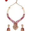 Gold Plated Maroon And White Beads Long Necklace Set With Earrings