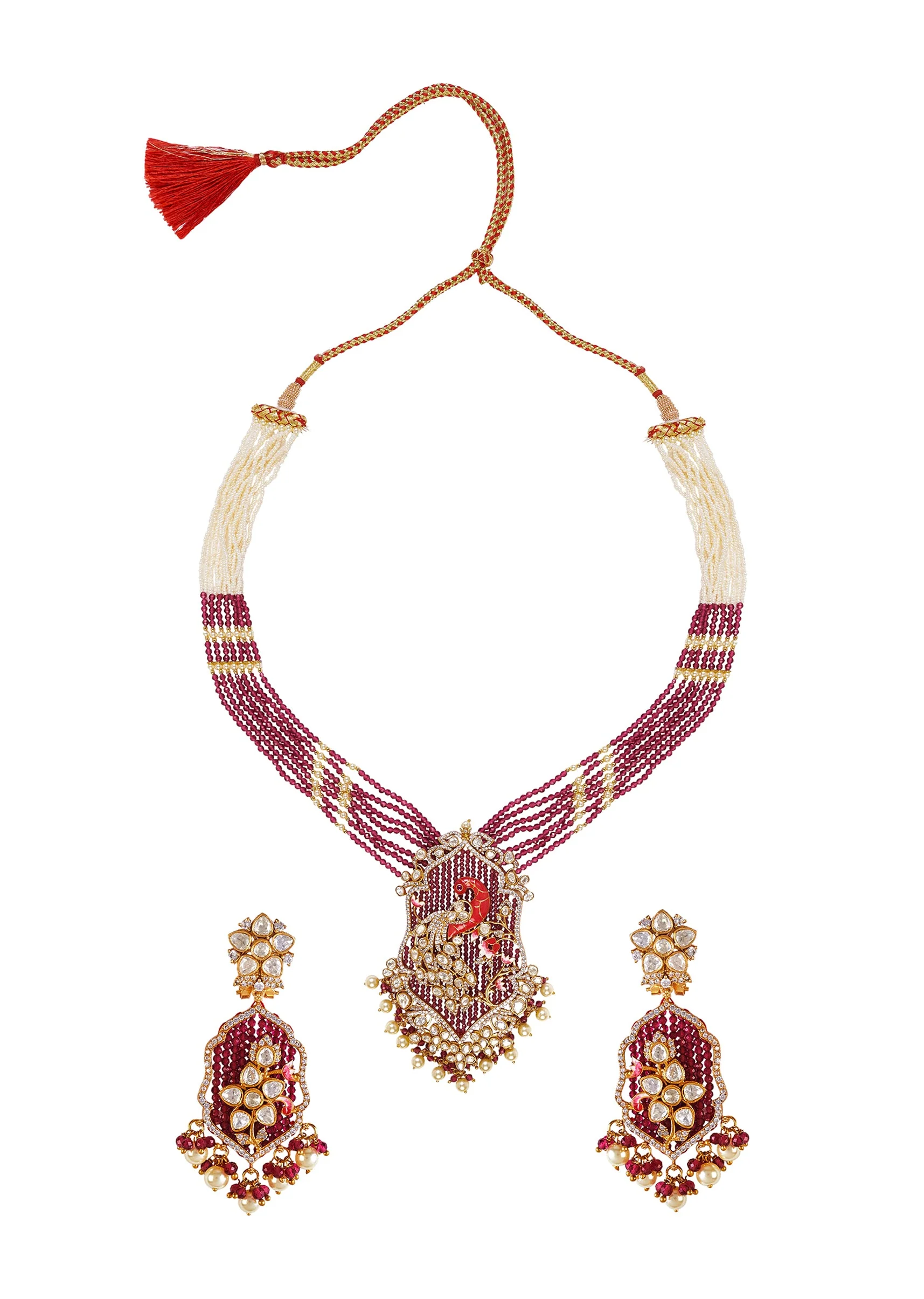 Gold Plated Maroon And White Beads Long Necklace Set With Earrings