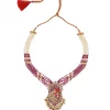Gold Plated Maroon And White Beads Long Necklace Set With Earrings