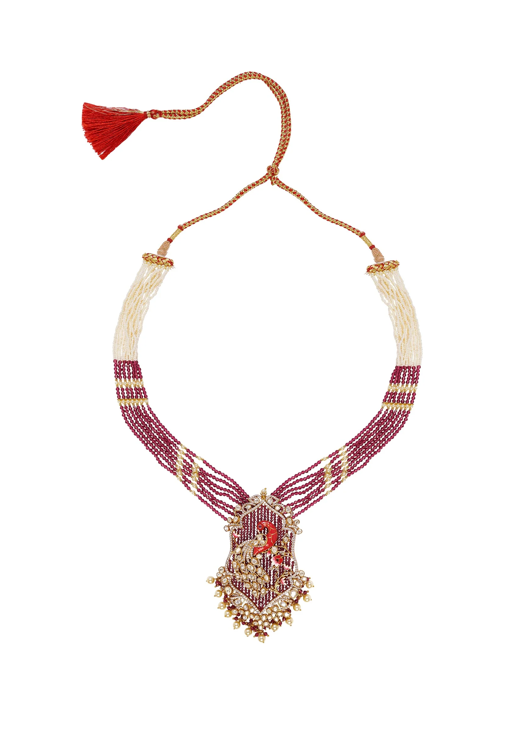 Gold Plated Maroon And White Beads Long Necklace Set With Earrings