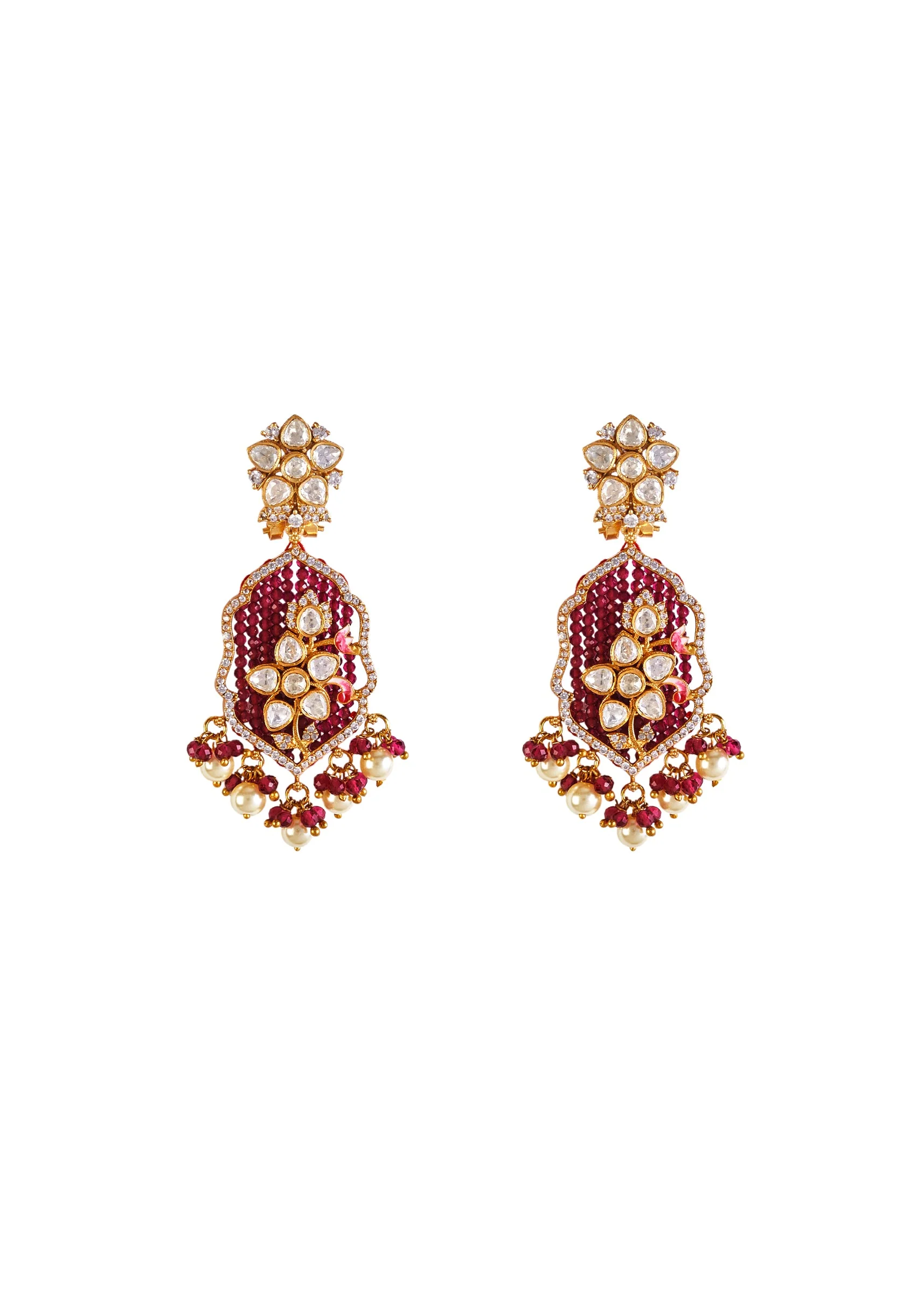 Gold Plated Maroon And White Beads Long Necklace Set With Earrings