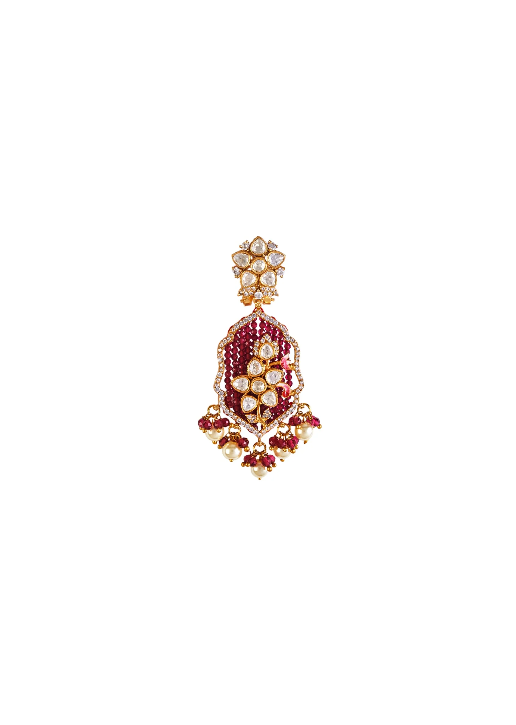 Gold Plated Maroon And White Beads Long Necklace Set With Earrings
