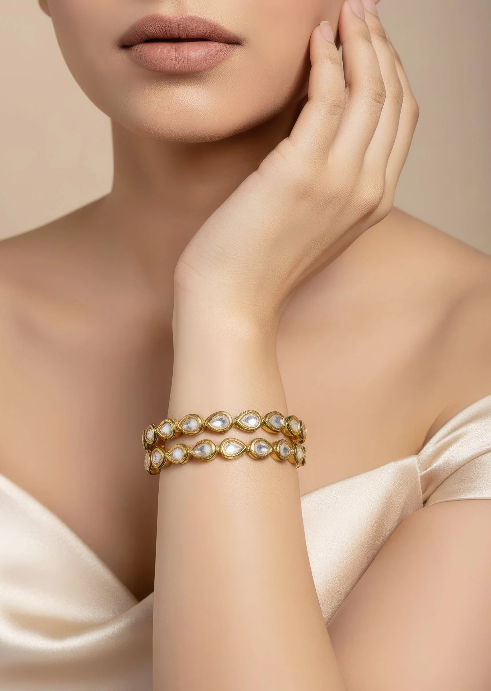 Gold Tone Bangles With Teardrop White Stones And Green Enamel