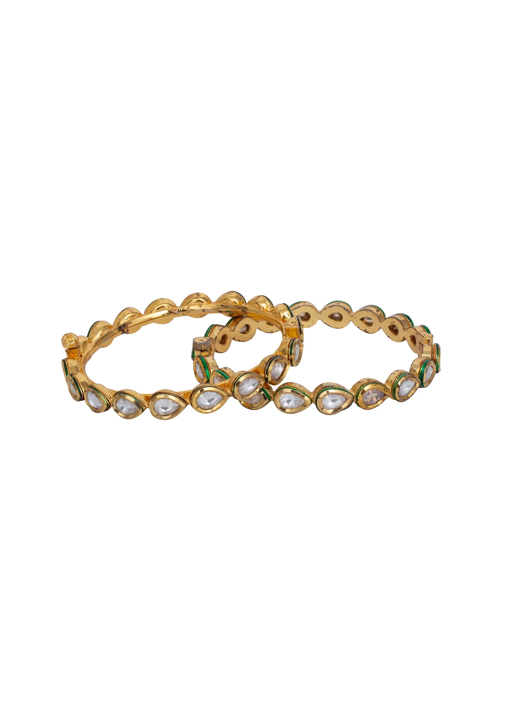 Gold Tone Bangles With Teardrop White Stones And Green Enamel