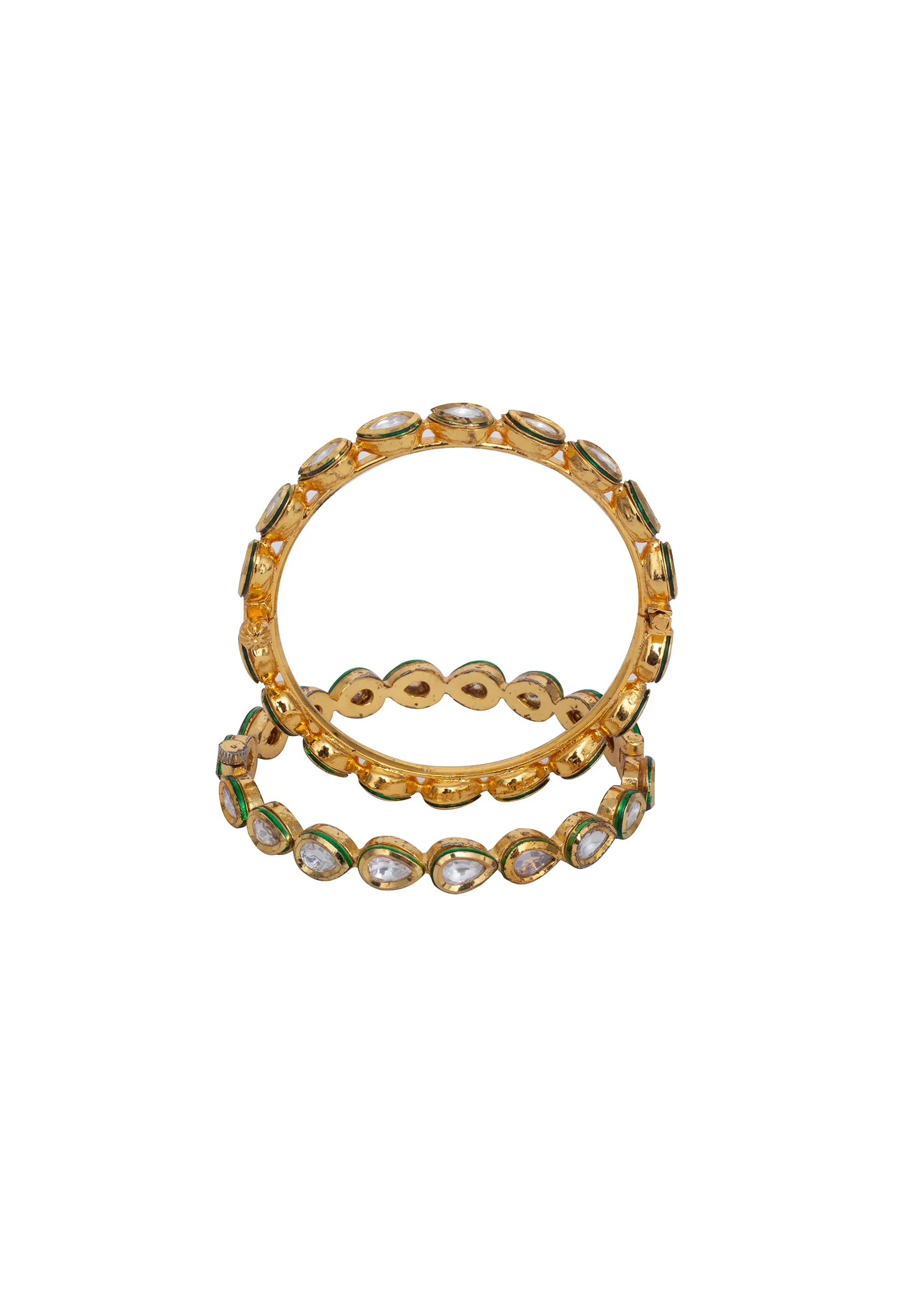 Gold Tone Bangles With Teardrop White Stones And Green Enamel