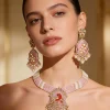 Gold Plated Pink And White Beads Long Necklace Set With Earrings