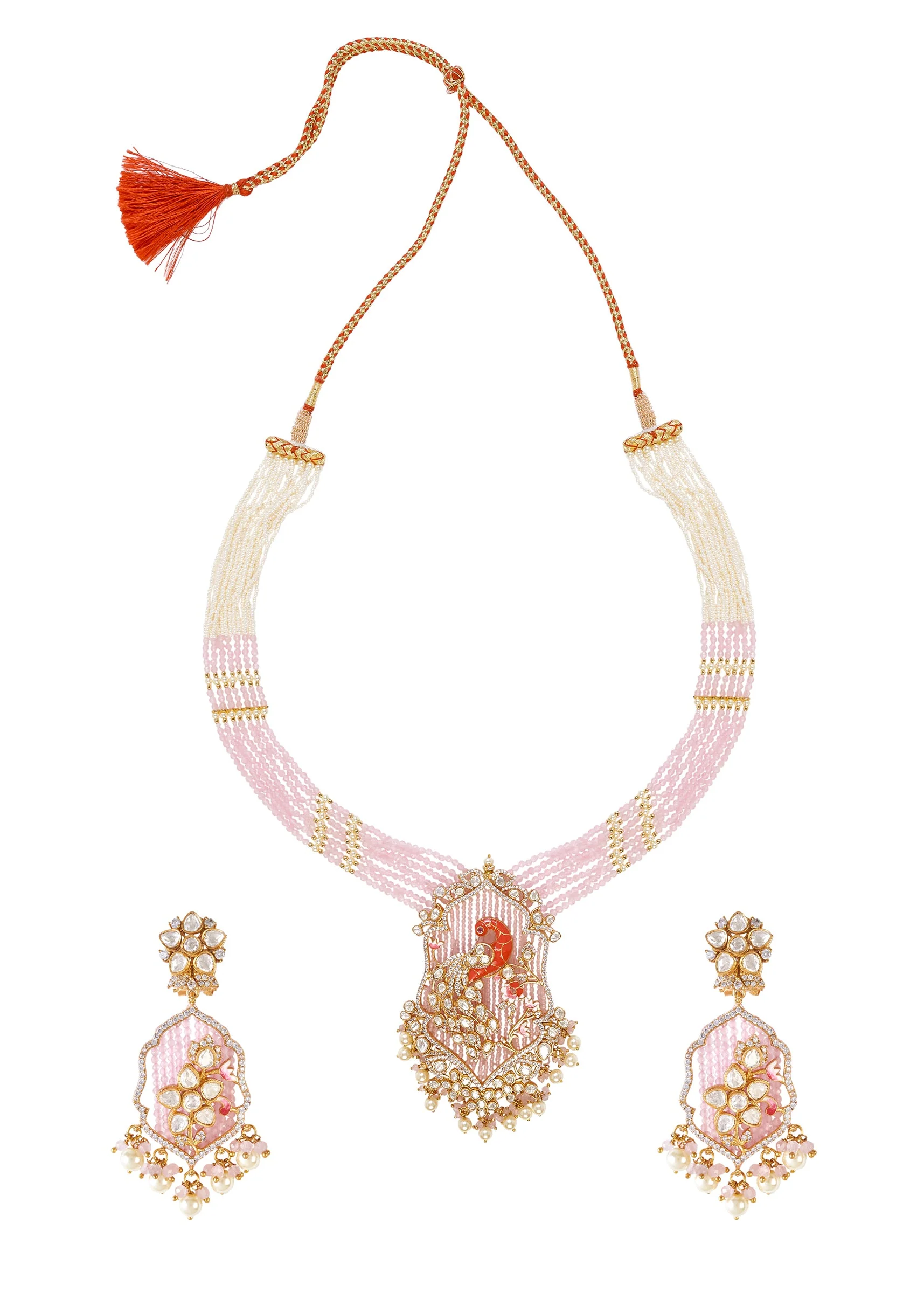 Gold Plated Pink And White Beads Long Necklace Set With Earrings