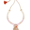 Gold Plated Pink And White Beads Long Necklace Set With Earrings