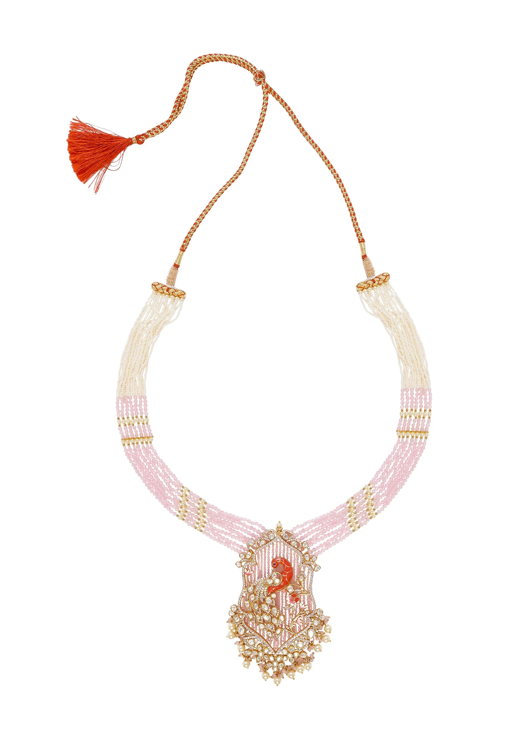 Gold Plated Pink And White Beads Long Necklace Set With Earrings
