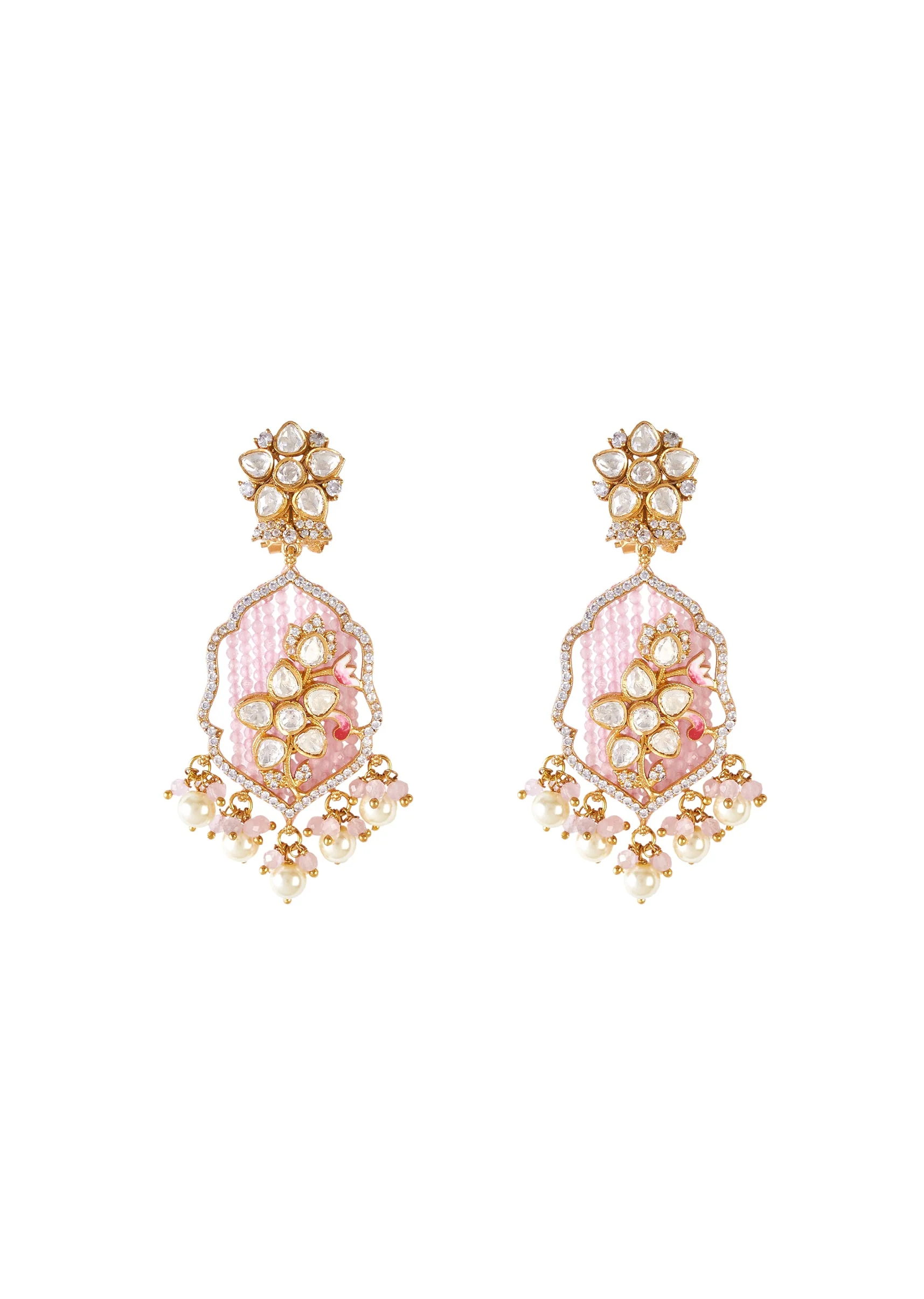 Gold Plated Pink And White Beads Long Necklace Set With Earrings