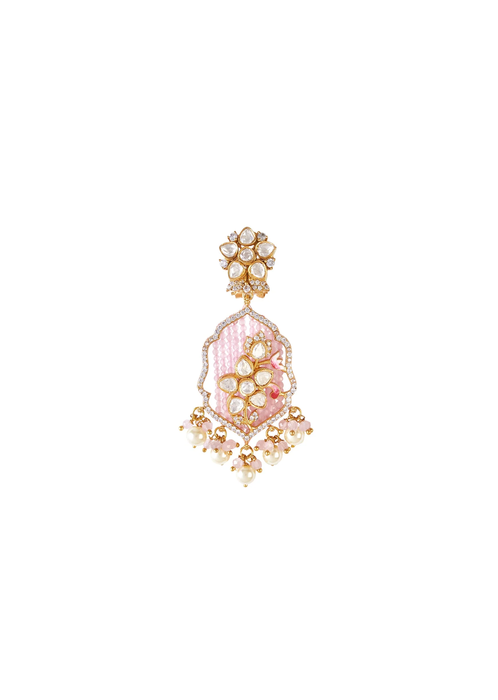 Gold Plated Pink And White Beads Long Necklace Set With Earrings