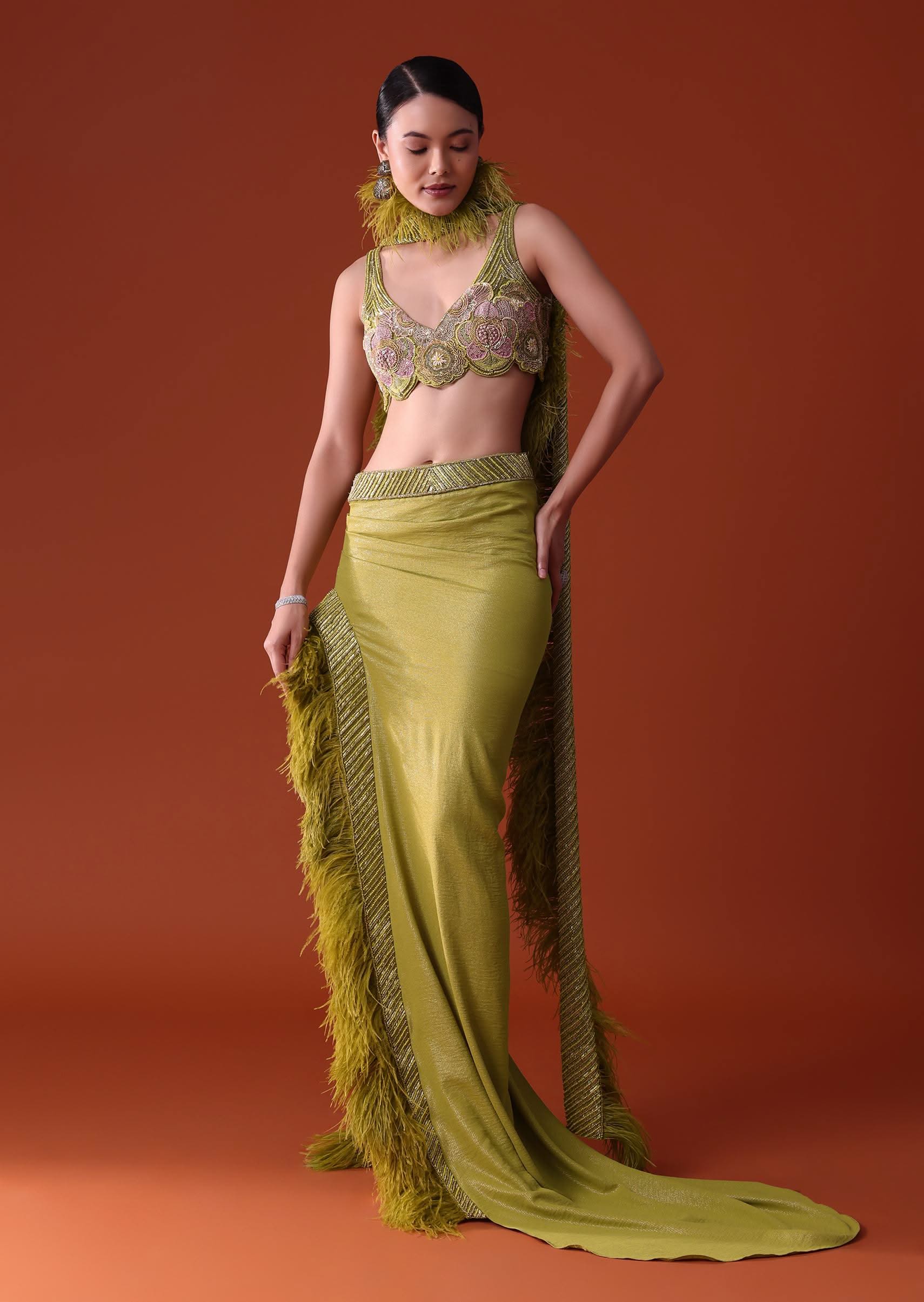 8894-citrus-green-feathered-dhoti-skirt-and-blouse-set-1.jpg Citrus Green Feathered Dhoti Skirt And Blouse Set