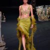 Citrus Green Feathered Dhoti Skirt And Blouse Set