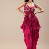Magenta Crepe Dhoti With Embroidered Blouse And Koti