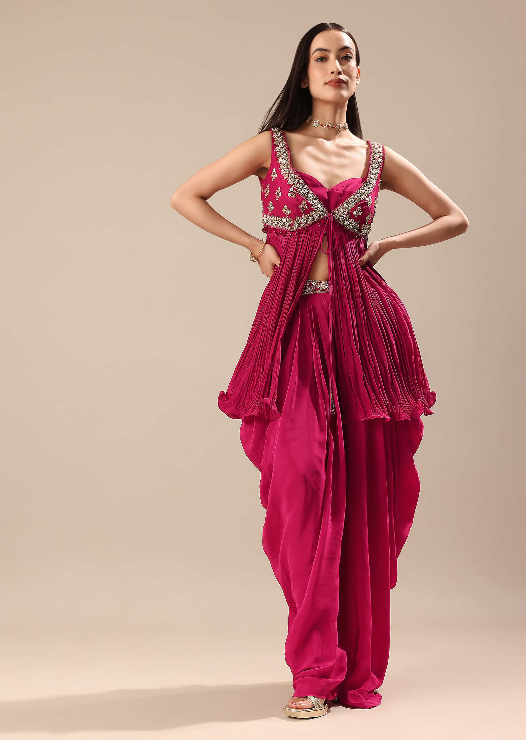8909-magenta-crepe-dhoti-with-embroidered-blouse-and-koti-1.jpg Magenta Crepe Dhoti With Embroidered Blouse And Koti
