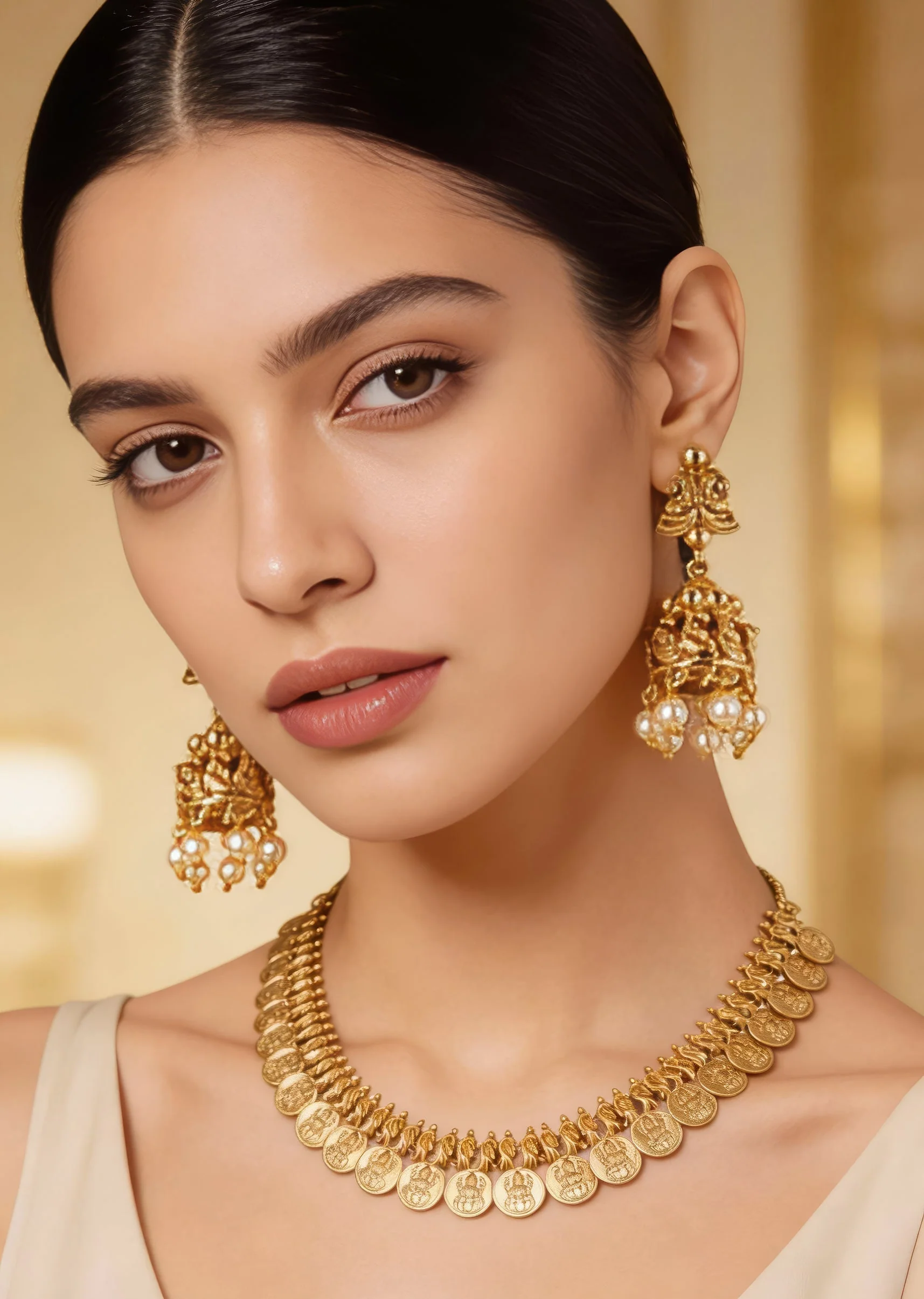 891-gold-finish-necklace-set-with-temple-style-motifs-and-off-white-simulated-stones-1.webp Gold Finish Necklace Set With Temple Style Motifs And Off White Simulated Stones