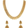 891-gold-finish-necklace-set-with-temple-style-motifs-and-off-white-simulated-stones-2.webp Gold Finish Necklace Set With Temple Style Motifs And Off White Simulated Stones