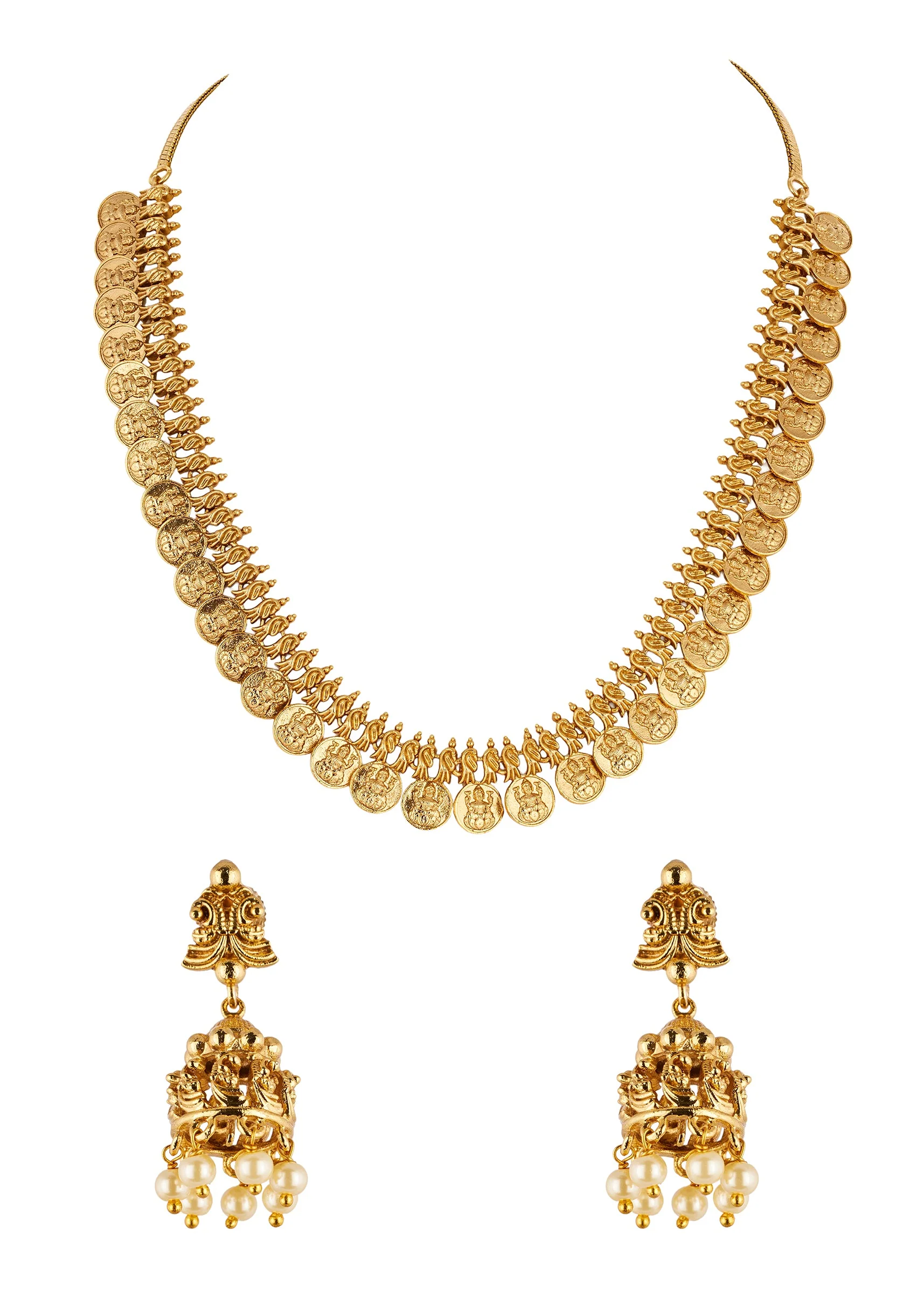 891-gold-finish-necklace-set-with-temple-style-motifs-and-off-white-simulated-stones-2.webp Gold Finish Necklace Set With Temple Style Motifs And Off White Simulated Stones