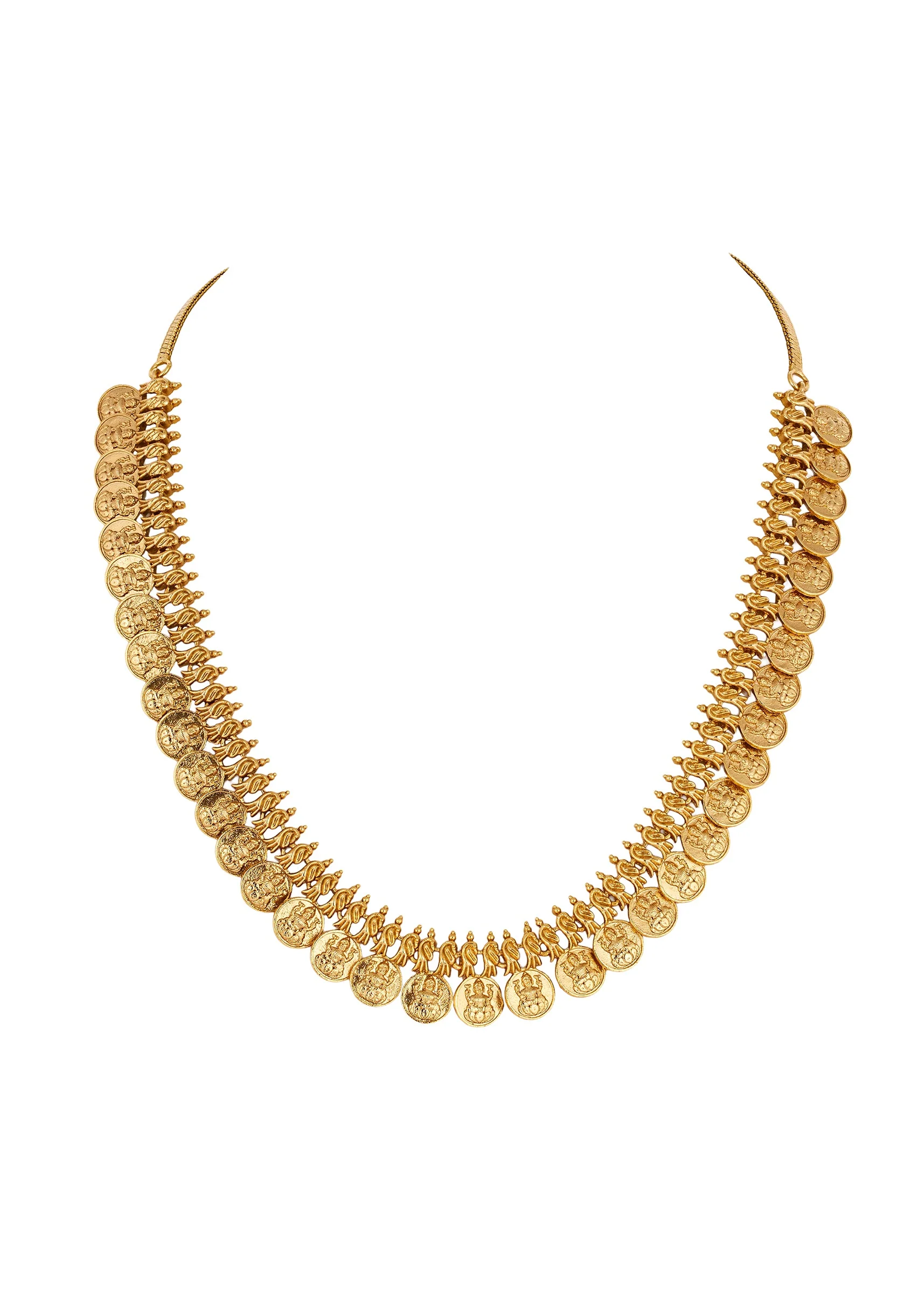 891-gold-finish-necklace-set-with-temple-style-motifs-and-off-white-simulated-stones-3.webp Gold Finish Necklace Set With Temple Style Motifs And Off White Simulated Stones