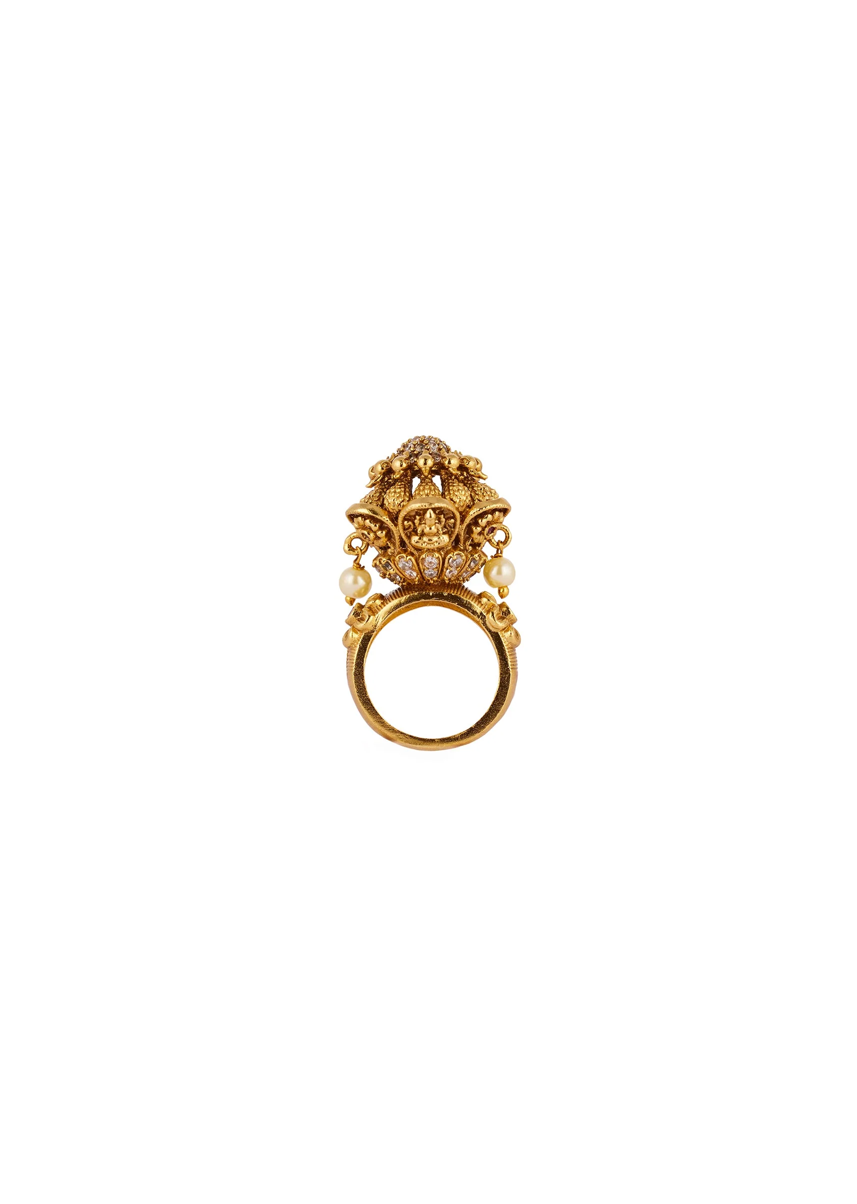 892-gold-finish-ring-with-temple-style-motifs-and-red-and-white-simulated-stones-1.webp Gold Finish Ring With Temple Style Motifs And Red and White Simulated Stones
