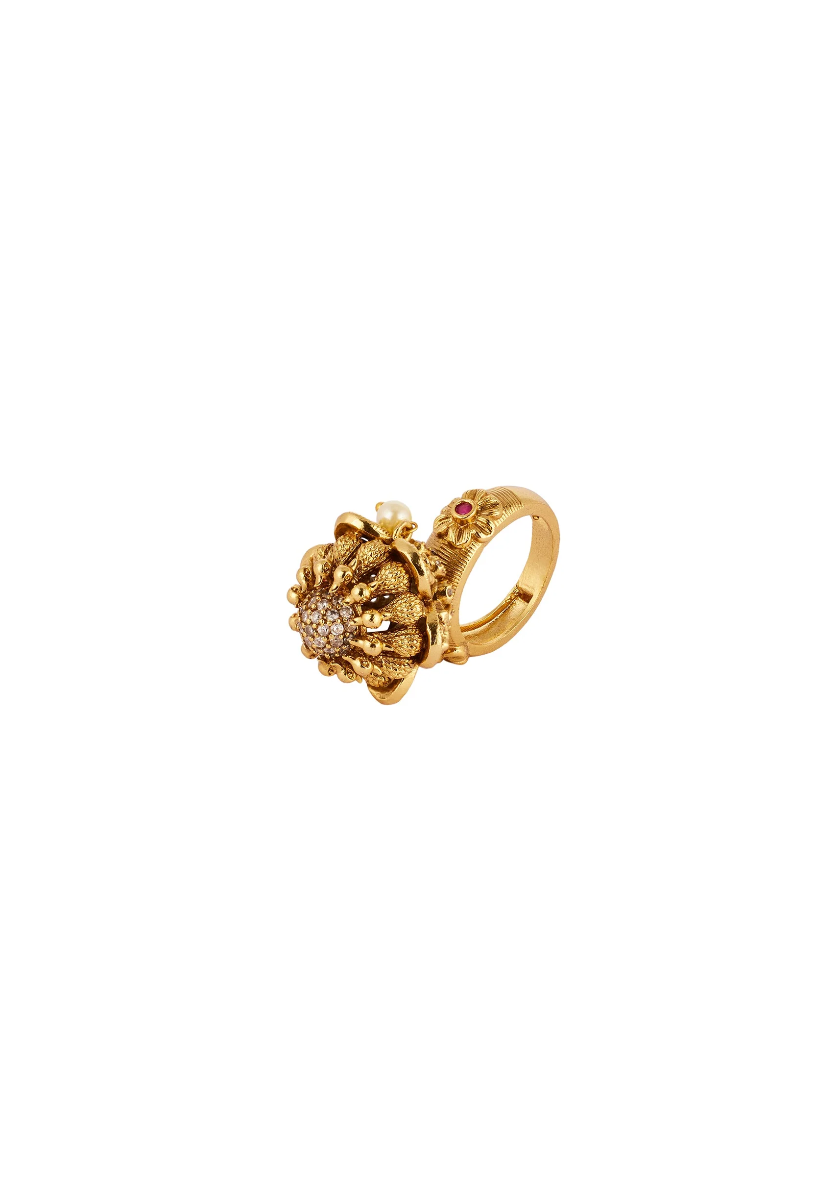 892-gold-finish-ring-with-temple-style-motifs-and-red-and-white-simulated-stones-2.webp Gold Finish Ring With Temple Style Motifs And Red and White Simulated Stones